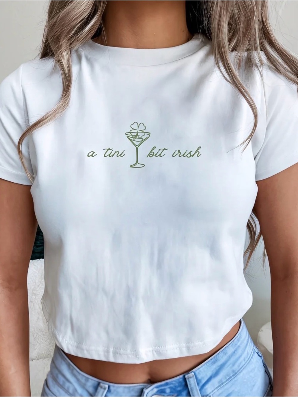 White and Green "A Tini Bit Irish" Graphic Crop Baby Tee Martini